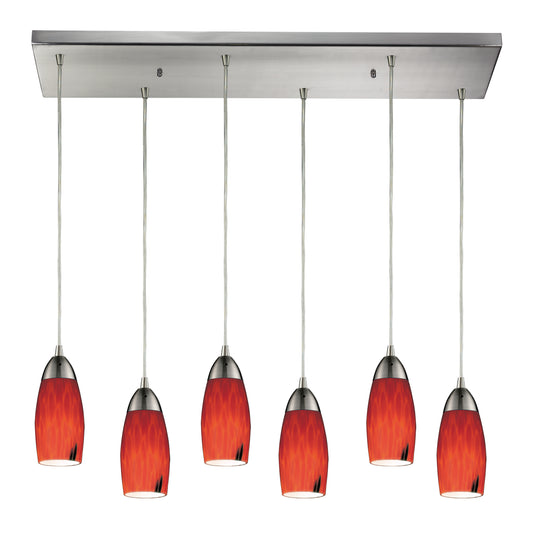 Milan 30" 6 Light Mini Pendant in Fire Red Glass & Satin Nickel