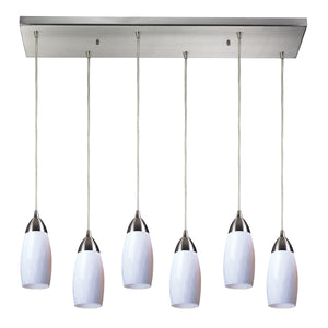 Milan 30' 6 Light Mini Pendant in Simple White Glass & Satin Nickel