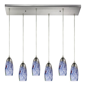 Milan 30' 6 Light Mini Pendant in Starburst Blue Glass & Satin Nickel