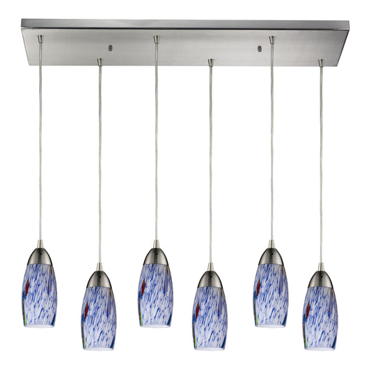 Milan 30" 6 Light Mini Pendant in Starburst Blue Glass & Satin Nickel