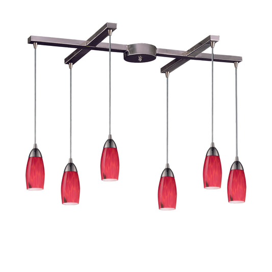 Milan 33" 6 Light Mini Pendant in Fire Red Glass & Satin Nickel