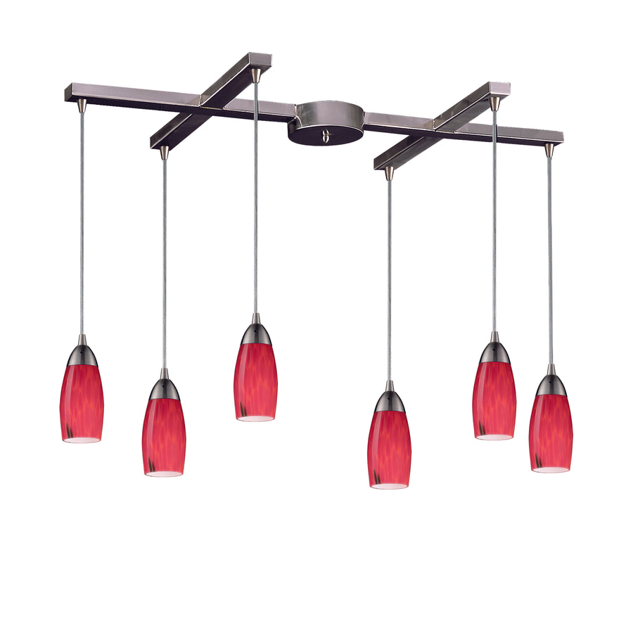 Milan 33' 6 Light Mini Pendant in Fire Red Glass & Satin Nickel