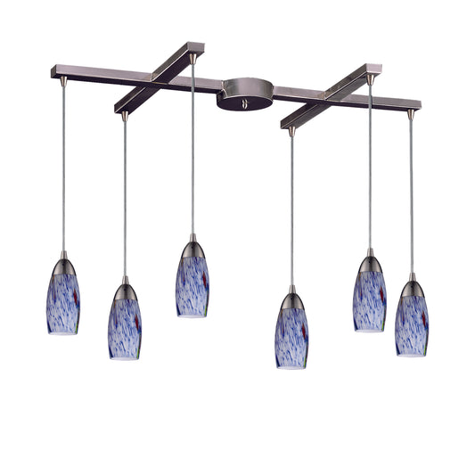 Milan 33" 6 Light Mini Pendant in Starburst Blue Glass & Satin Nickel