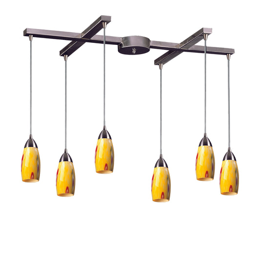 Milan 33" 6 Light Mini Pendant in Yellow Blaze Glass & Satin Nickel