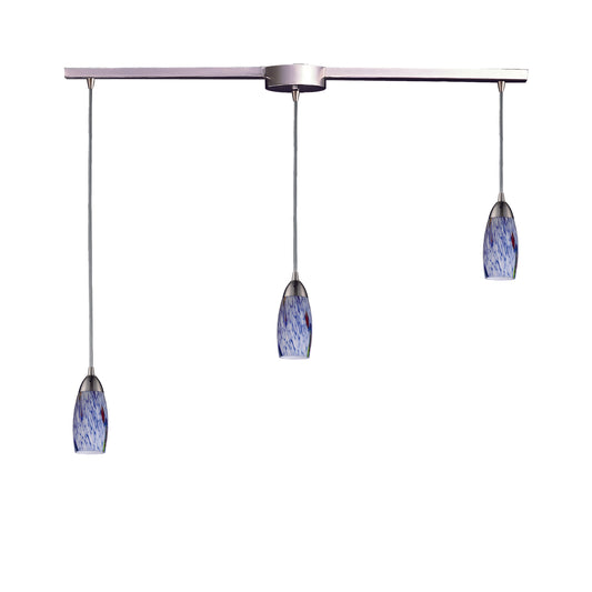 Milan 36" 3 Light Mini Pendant in Starburst Blue Glass & Satin Nickel