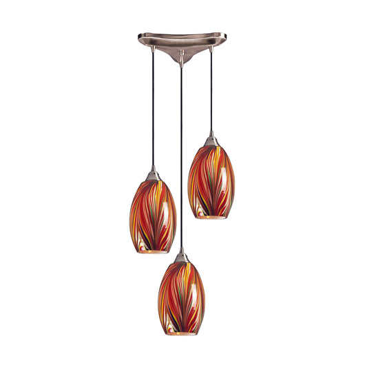 Mulinello 10" 3 Light Mini Pendant in Multicolor Glass & Satin Nickel