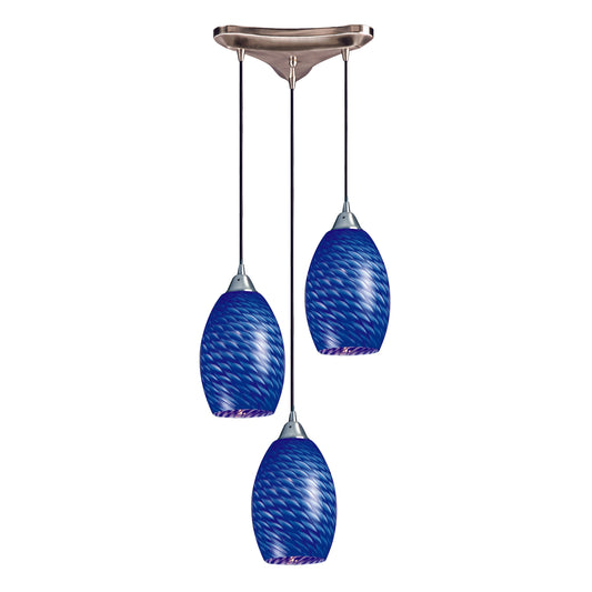 Mulinello 10" 3 Light Mini Pendant in Sapphire Glass & Satin Nickel