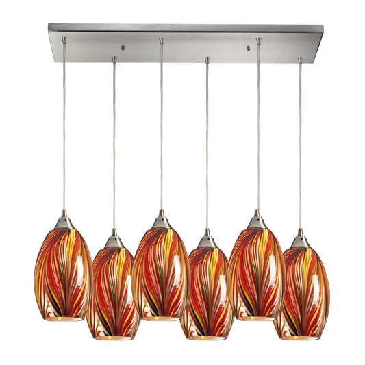 Mulinello 30" 6 Light Mini Pendant in Multicolor Glass & Satin Nickel