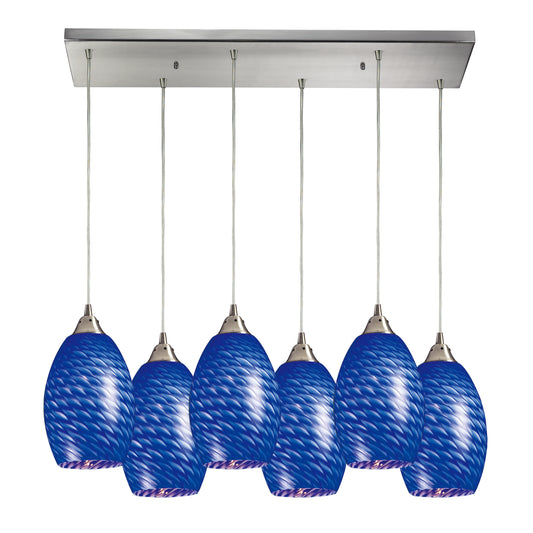 Mulinello 30" 6 Light Mini Pendant in Sapphire Glass & Satin Nickel