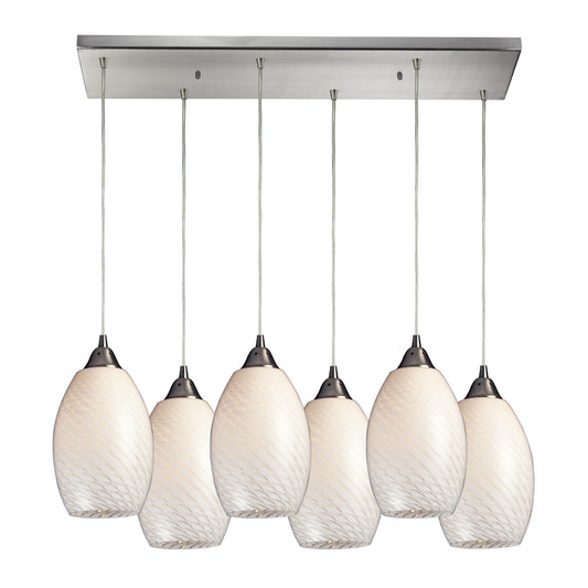 Mulinello 30" 6 Light Mini Pendant in White Swirl Glass & Satin Nickel