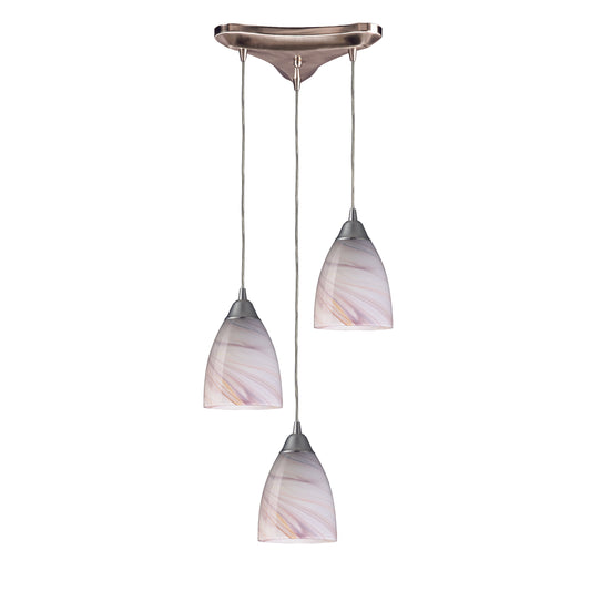 Pierra 10" 3 Light Mini Pendant in Creme Lilac Swirl Glass & Satin Nickel