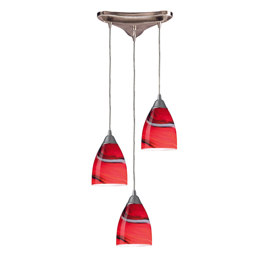 Pierra 10" 3 Light Mini Pendant in Red Candy Glass & Satin Nickel