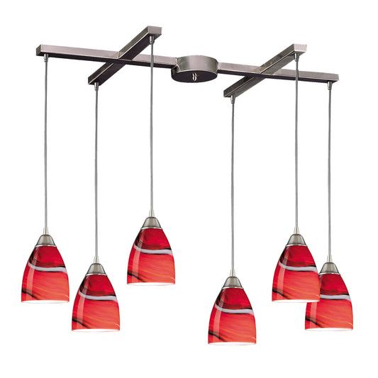 Pierra 33" 6 Light Mini Pendant in Red Candy Glass & Satin Nickel