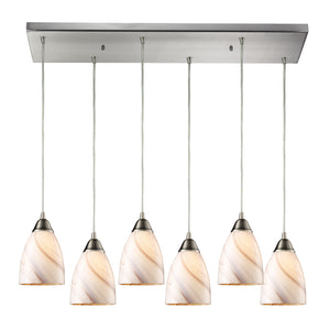 Pierra 30' 6 Light Mini Pendant in Creme Lilac Swirl Glass Satin Nickel