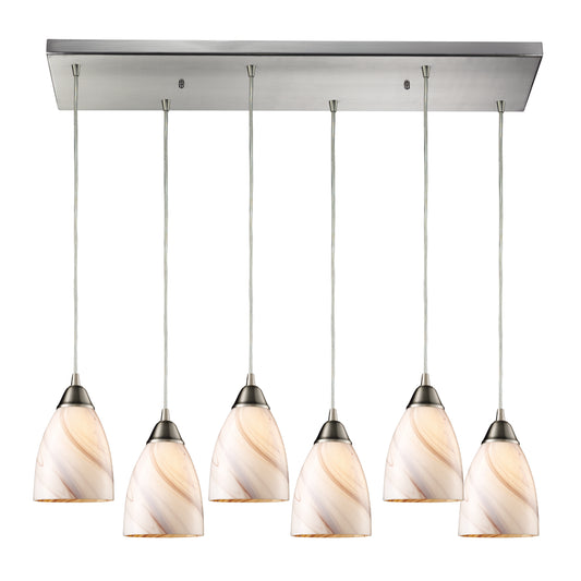 Pierra 30" 6 Light Mini Pendant in Creme Lilac Swirl Glass Satin Nickel