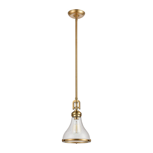 Rutherford 9" 1 Light Mini Pendant in Clear Seeded Glass & Satin Brass