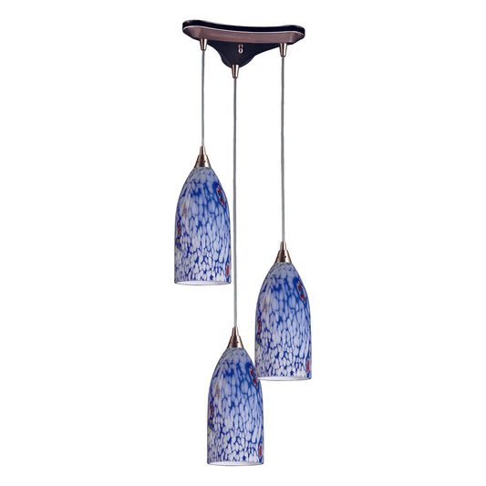 Verona 13" 3 Light Mini Pendant in Starburst Blue Glass & Satin Nickel