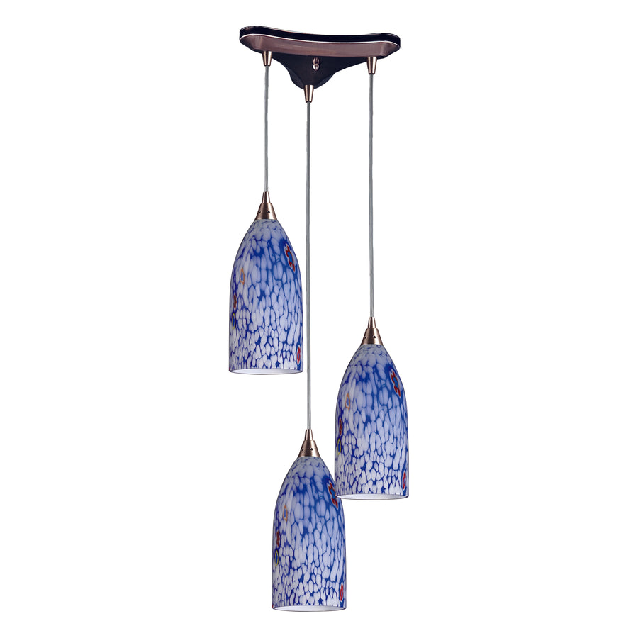 Verona 13' 3 Light Mini Pendant in Starburst Blue Glass & Satin Nickel