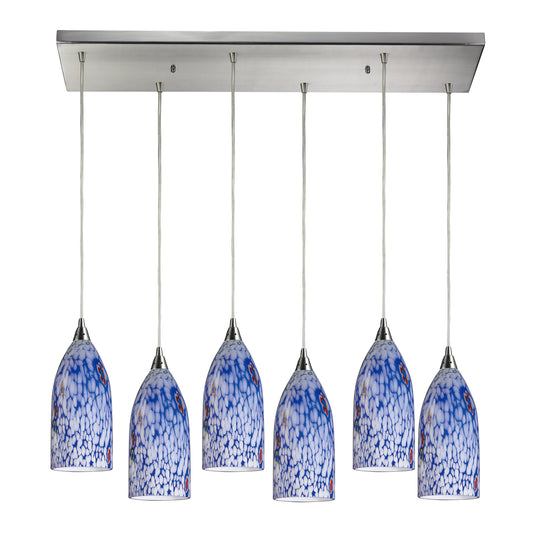 Verona 30" 6 Light Mini Pendant in Starburst Blue Glass & Satin Nickel