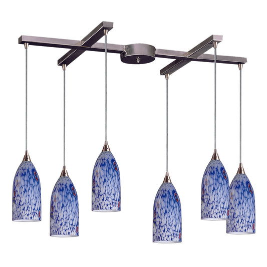 Verona 33" 6 Light Mini Pendant in Starburst Blue Glass & Satin Nickel