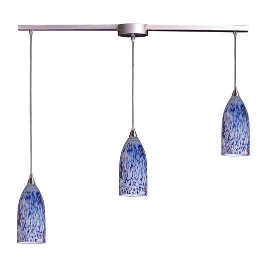 Verona 36" 3 Light Mini Pendant in Starburst Blue Glass & Satin Nickel