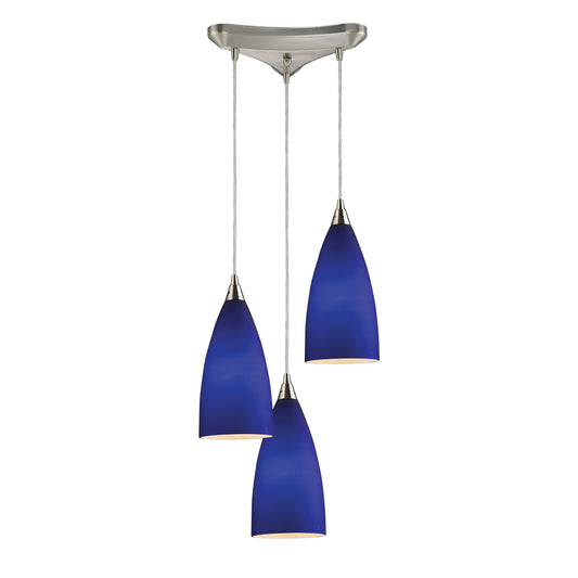 Vesta 10" 3 Light Mini Pendant in Blue Glass & Satin Nickel