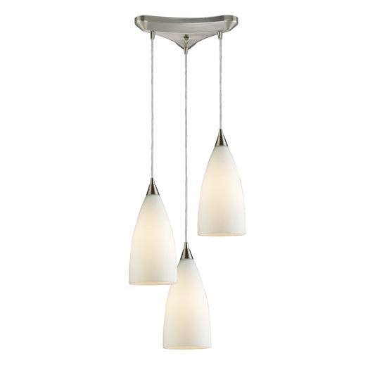 Vesta 10" 3 Light Mini Pendant in White Glass & Satin Nickel