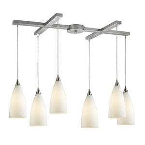 Vesta 33' 6 Light Mini Pendant in White Glass & Satin Nickel