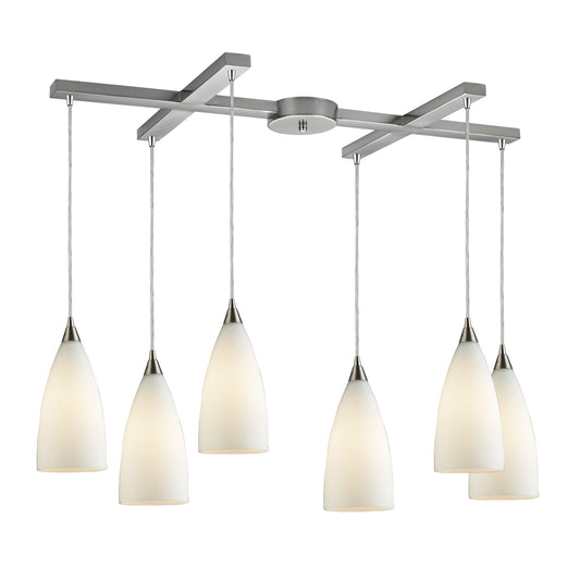 Vesta 33" 6 Light Mini Pendant in White Glass & Satin Nickel