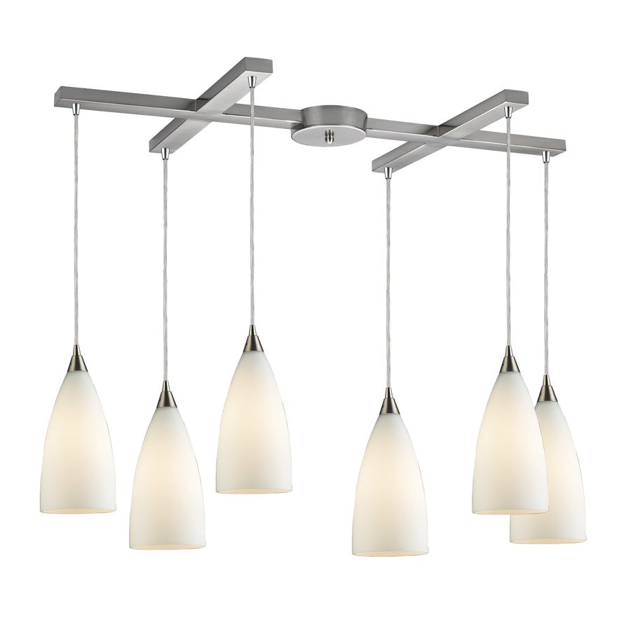 Vesta 33' 6 Light Mini Pendant in White Glass & Satin Nickel