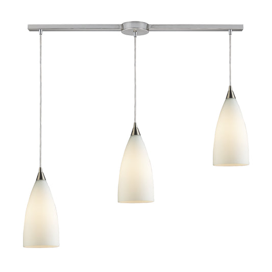 Vesta 36" 3 Light Mini Pendant in White Glass & Satin Nickel