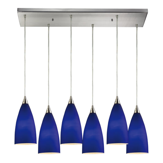 Vesta 30" 6 Light Mini Pendant in Blue Glass & Satin Nickel