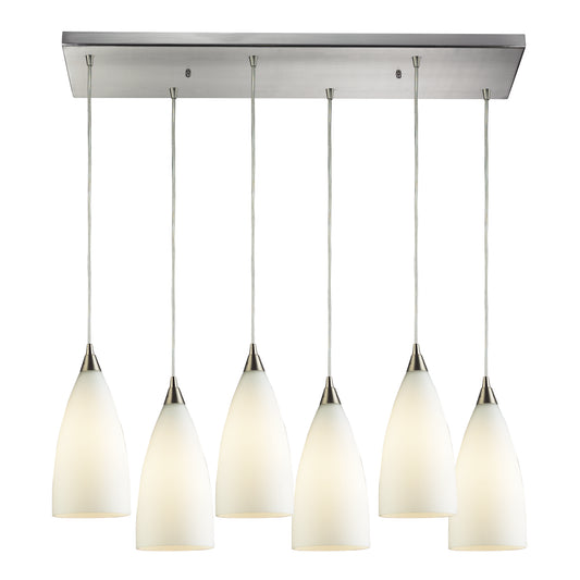 Vesta 30" 6 Light Mini Pendant in White Glass & Satin Nickel