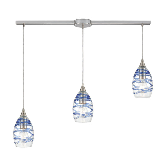 Vines 36" 3 Light Mini Pendant in Blue Swirl Glass & Satin Nickel