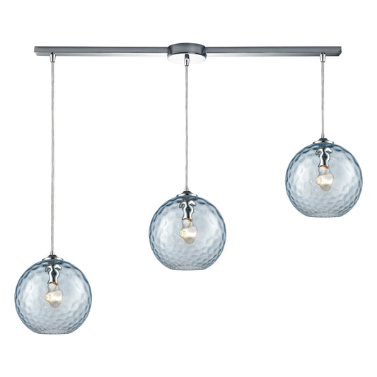 Watersphere 36" 3 Light Multi Level Mini Pendant in Aqua Hammered Glass & Polished Chrome