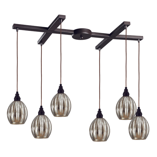 Danica 33" 6 Light Scalloped Mini Pendant in Silver Mercury Glass & Oiled Bronze