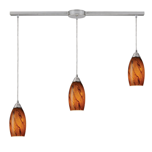 Galaxy 10" 3 Light Linear Mini Pendant in Brown Glass & Satin Nickel