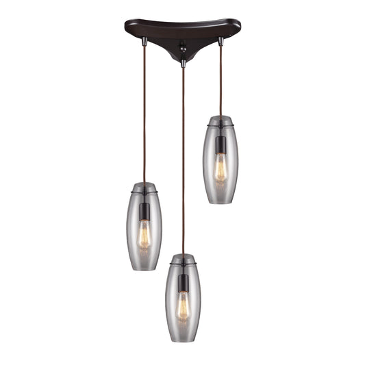 Menlow Park 12" 3 Light Mini Pendant in Smoke Glass & Oiled Bronze