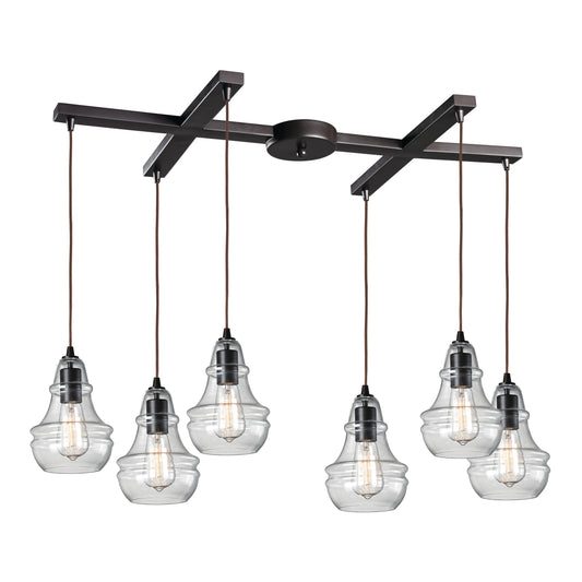 Menlow Park 33" 6 Light Mini Pendant in Smoke Glass & Oiled Bronze