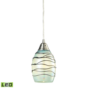 Vines 5' 1 Light LED Mini Pendant in Mint Swirl Glass & Satin Nickel