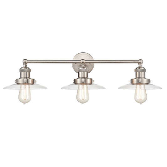 English Pub 28" 3 Light Vanity Light in Glass Shade & Satin Nickel