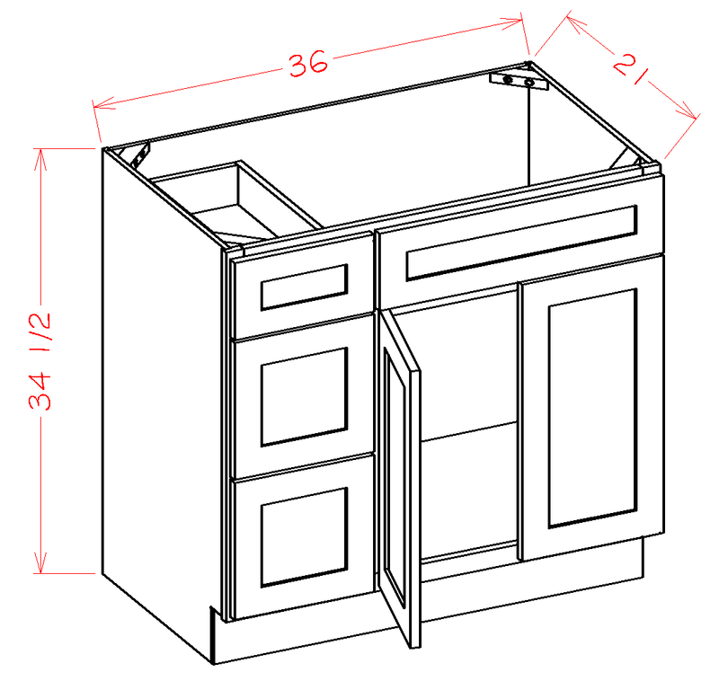 Shaker White Double Door Three Drawer Single Vanity Cabinet (36' x 34.5' x 21') - Drawers on Left