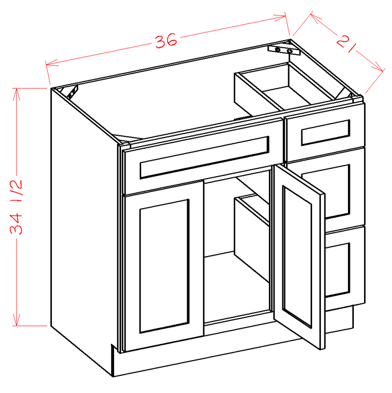 Shaker White Double Door Three Drawer Single Vanity Cabinet (36' x 34.5' x 21') - Drawers on Right