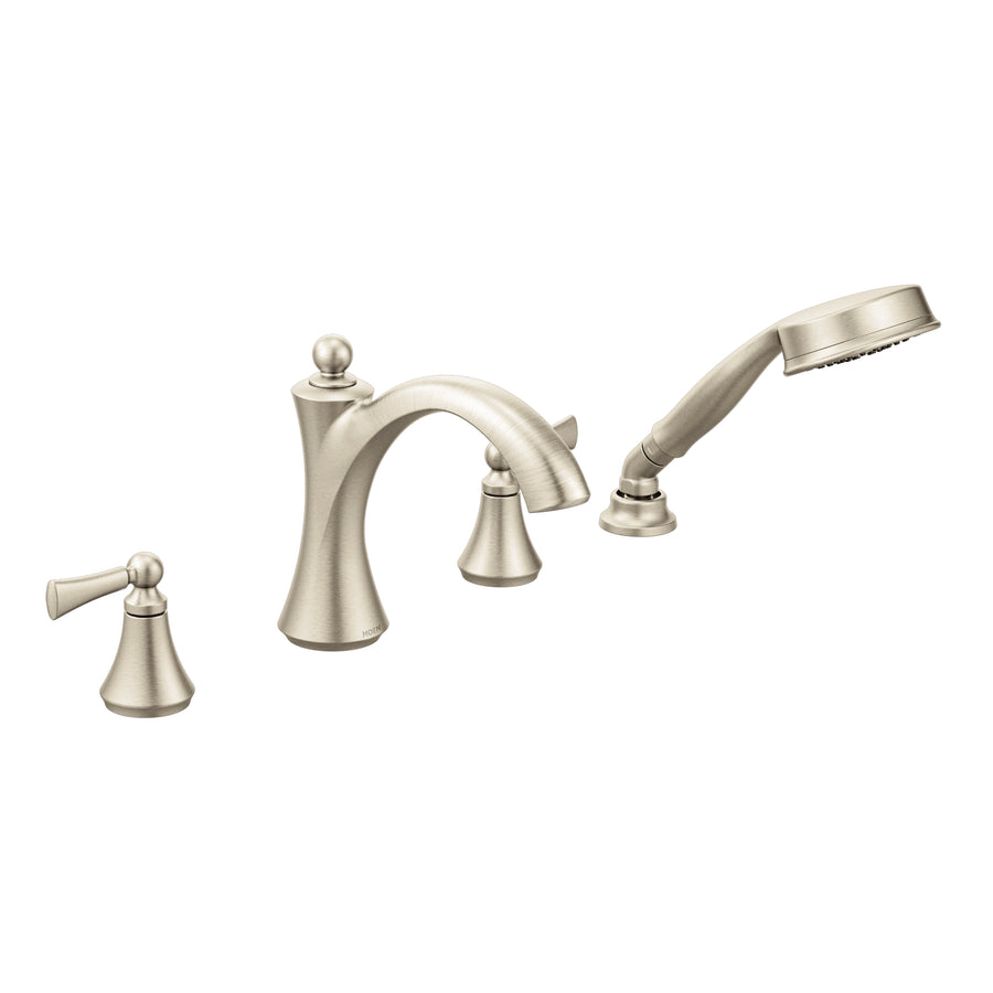 Wynford 3.62' 1.75 gpm 2 Lever Handle Four Hole Deck Mount Roman Tub Faucet with Hand Shower in Brushed Nickel