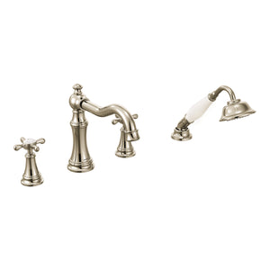Weymouth 7.31' 1.75 gpm 2 Cross Handle Four Hole Deck Mount Roman Tub Faucet with Hand Shower in Polished Nickel