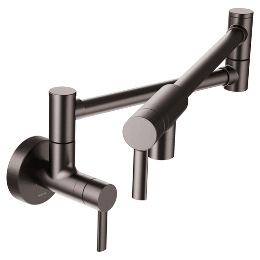 Pot Filler 8.63" 5.5 gpm Modern 2 Lever Handle One Hole Wall Mount Pot Filler in Black Stainless