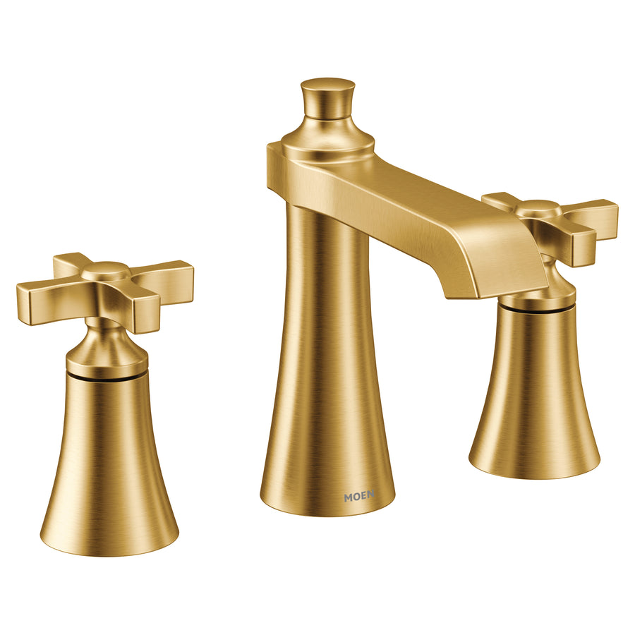Flara 7' 1.2 gpm 2 Cross Handle Three Hole Deck Mount Bathroom Faucet Trim in Brushed Gold