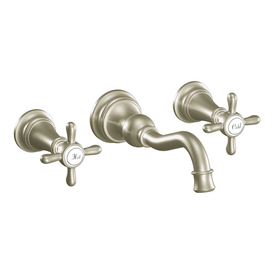 Weymouth 2.5" 1.2 gpm 2 Cross Handle Three Hole Wall Mount Bathroom Faucet in Brushed Nickel