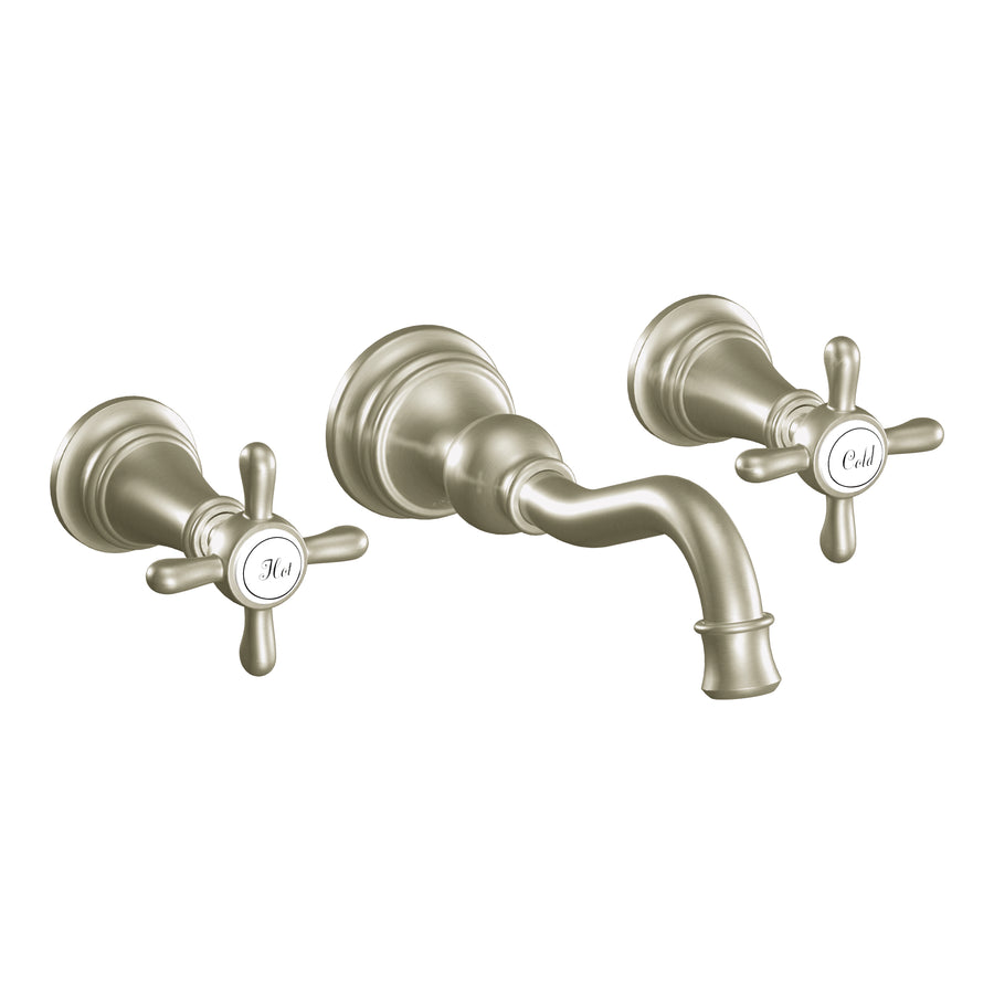 Weymouth 2.5' 1.2 gpm 2 Cross Handle Three Hole Wall Mount Bathroom Faucet in Brushed Nickel