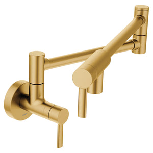 Pot Filler 8.63' 5.5 gpm Modern 2 Lever Handle One Hole Wall Mount Pot Filler in Brushed Gold